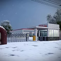 Industrial Area Entrance Gate With Metal Fence White Building Red Signboard Trees And Wet Ground