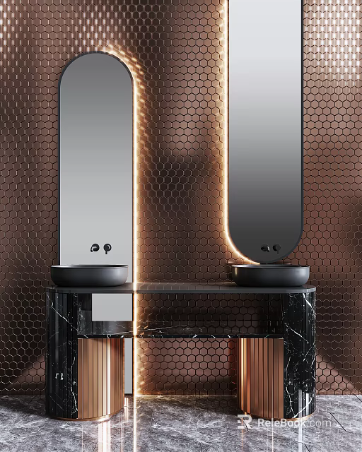 Modern Bathroom Vanity With Copper Hexagonal Tile Background Two Black Round Washbasins And Marble Countertop 3d model 