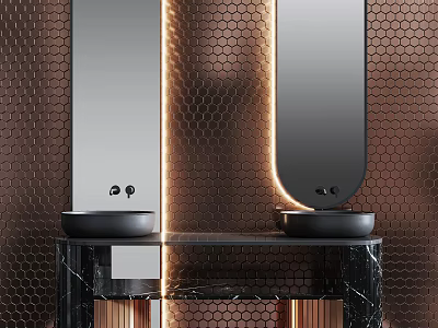 Modern Bathroom Vanity With Copper Hexagonal Tile Background Two Black Round Washbasins And Marble Countertop 3d model
