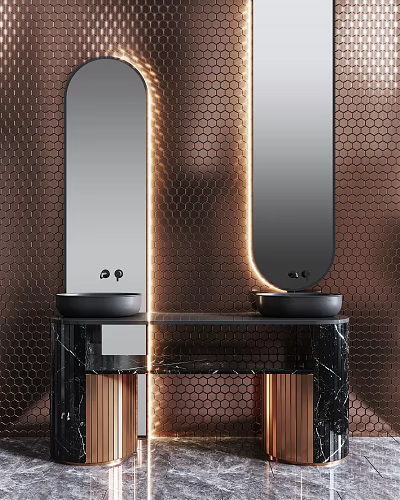Modern Bathroom Vanity With Copper Hexagonal Tile Background Two Black Round Washbasins And Marble Countertop 3d model