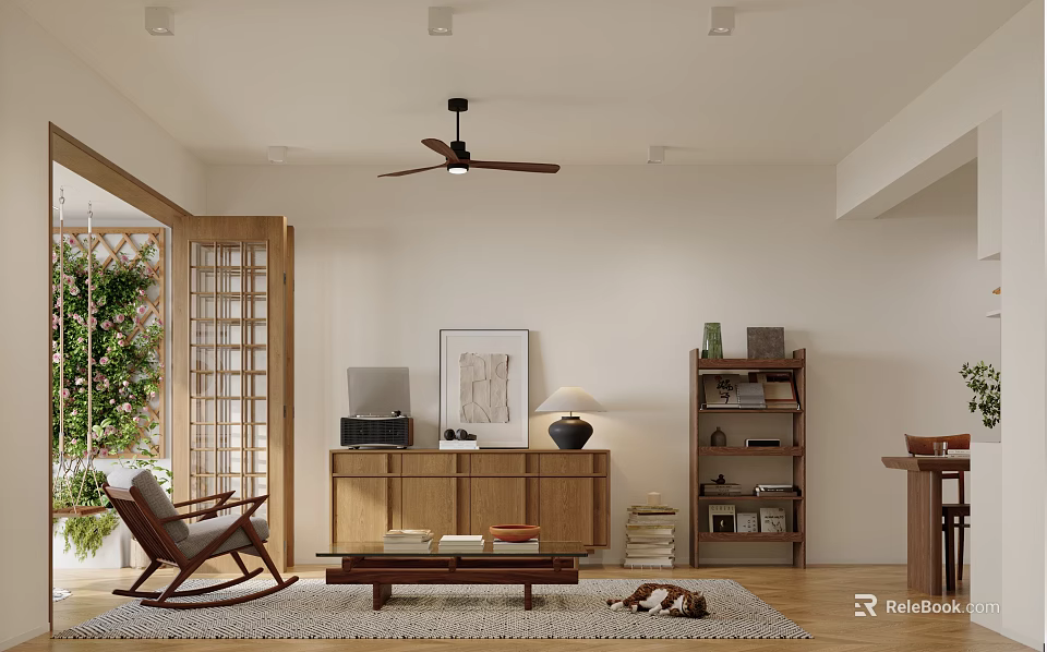 Cozy Natural Wood Style Living And Dining Room Interior With Comfortable Furniture And Relaxing Atmosphere 3d model 