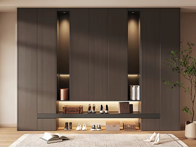 Modern Dark Gray Shoe Cabinet With LED Lights And Layered Storage For Shoes Bags 3d model