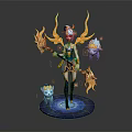 Mythical Female Character With Golden Wings Magic Staff And Small Creatures On Blue Aura Base