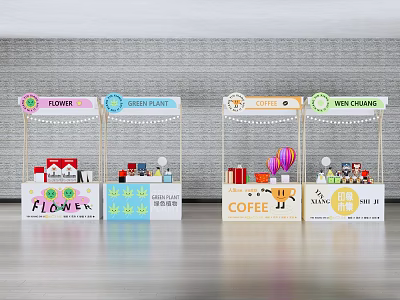 Colorful Market Stalls With Flower Cake Coffee And Gift Displays 3d model