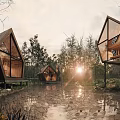 Modern Detached Villa with Triangular Roof Large Glass Windows and Natural Water Surroundings