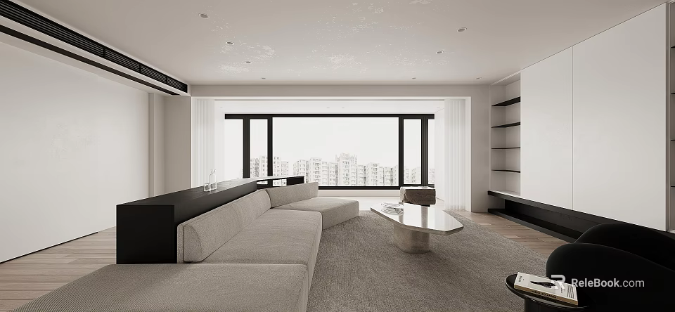 Modern Living Dining Room Interior With Large Windows Gray Sofa And Coffee Table 3d model