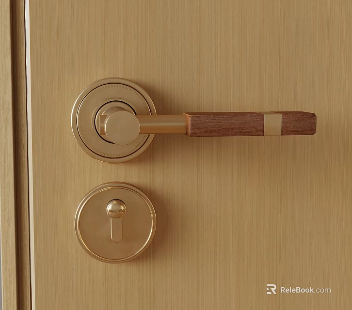 Golden Door Handle With Wooden Grip And Matching Lock On Wooden Door 3d model 