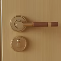 Golden Door Handle With Wooden Grip And Matching Lock On Wooden Door