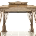 Outdoor Gazebo Architectural Components With Canopy Roof Metal Columns Hanging Drapes And Platform Floor