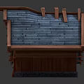 Cartoon Style Wooden House With Blue Tiled Roof Stone Base And Circular Door Decoration