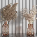 Modern Interior Decorative Vases With Dried Flowers On Cabinet Striped Wall