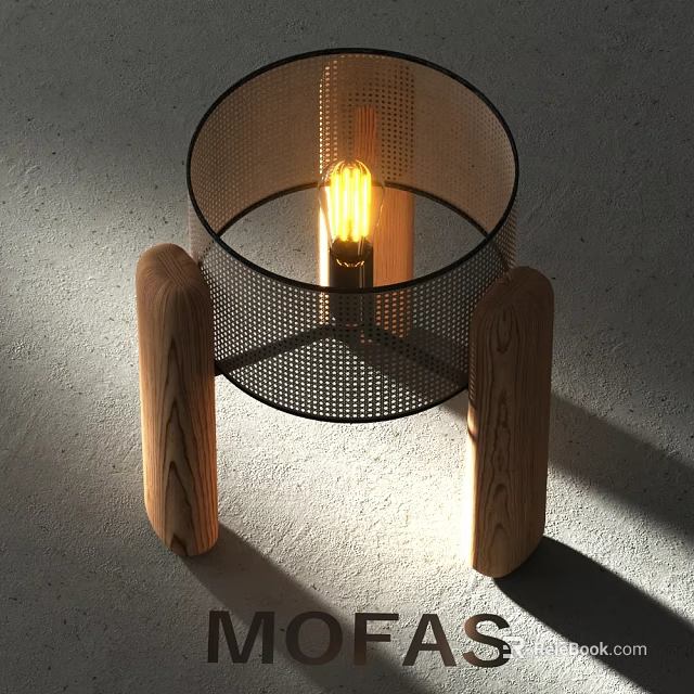 Modern Table Lamp With Metal Mesh Shade And Wooden Legs Featuring Lit Bulb 3d model 