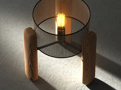 Modern Table Lamp With Metal Mesh Shade And Wooden Legs Featuring Lit Bulb 3d model