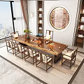 Traditional Solid Wood Tea Table and Chairs with Beige Cushions City View and Decorative Plants