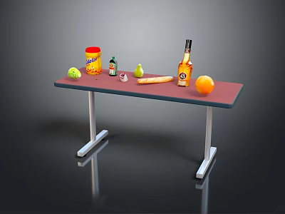 Red Tabletop Display With Canister Bottle Pear Orange Bread And Tennis Ball 3d model