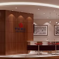 Elegant Leisure Area Interior With Wooden Decor Round Bar Counter Red Stools Sofa And Artworks