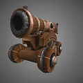 Medieval Antique Cannon Design With Wooden Barrel Brass Trim And Iron Wheels