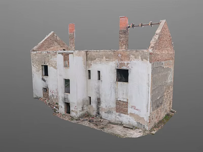 Abandoned Ruined Building With White Walls Red Chimneys And Broken Windows 3d model