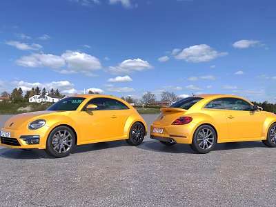 Two Yellow Volkswagen Beetle Cars Parked Outdoor Under Blue Sky With Clouds 3d model