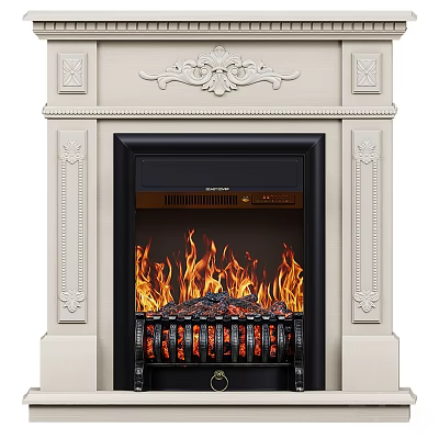 Elegant Cream Colored Fireplace With Decorative Mantel Carved Details And Burning Flames 3d model