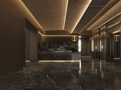 Modern Elegant Hotel Lobby with Dark Marble Floor Wooden Walls Front Desk and Green Plants 3d model
