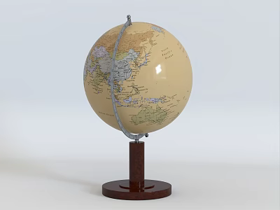Vintage Globe With Wooden Base And Metal Stand Featuring Detailed World Map 3d model