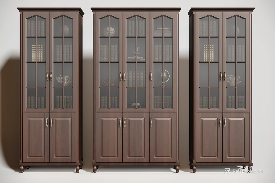 Dark Wood Bookcase With Glass Doors Books And Decor On Casters 3d model 