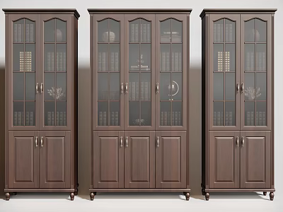 Dark Wood Bookcase With Glass Doors Books And Decor On Casters 3d model
