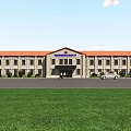 Municipal Office Building with Red Roof Beige Walls Green Lawn Front Car Entrance Canopy