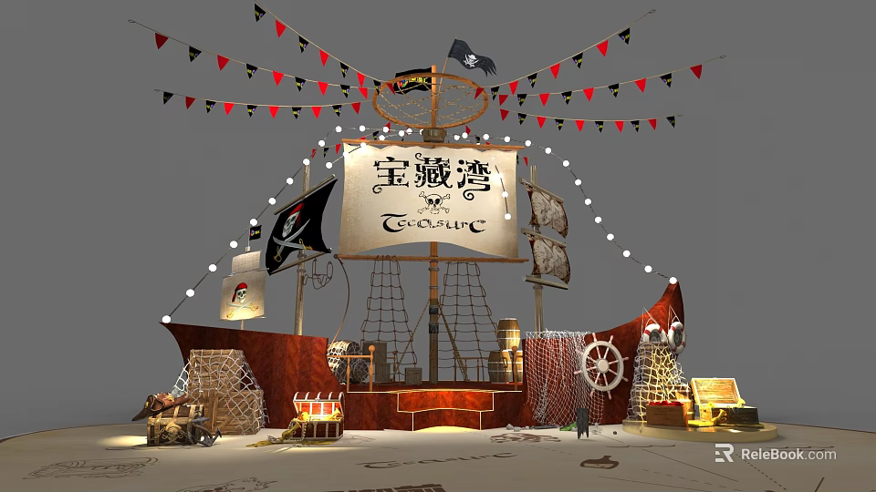 Treasure Cove Pirate Ship Themed Photo Spot With Flags And Decorations 3d model 