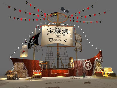 Treasure Cove Pirate Ship Themed Photo Spot With Flags And Decorations 3d model