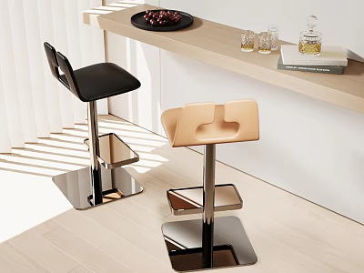 Modern Black And Beige Bar Stools At Wooden Counter With Tray Glasses Bottle Books Sunlight 3d model