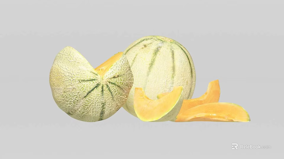 Fresh Ripe Cantaloupe With Striped Skin And Juicy Yellow Flesh Sliced 3d model 