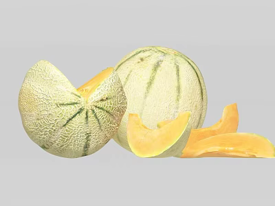 Fresh Ripe Cantaloupe With Striped Skin And Juicy Yellow Flesh Sliced 3d model