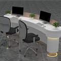 Modern White Curved Reception Desk With LED Strip Lighting Two Computers And Potted Plants 3d model