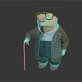 Cartoon Game Movie Character with Big Nose Glasses Wearing Brown Coat Plaid Vest Holding Cane