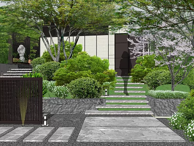 Serene Modern Garden Landscape Design With Stone Steps Lush Bushes Trees Pathway Statue And Lanterns 3d model