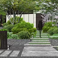 Serene Modern Garden Landscape Design With Stone Steps Lush Bushes Trees Pathway Statue And Lanterns