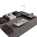 Modern Sectional Sofa Coffee Table Set With Brown Beige Leather Marble Top Gray Rug