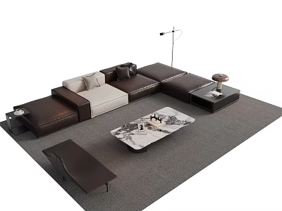 Modern Sectional Sofa Coffee Table Set With Brown Beige Leather Marble Top Gray Rug 3d model