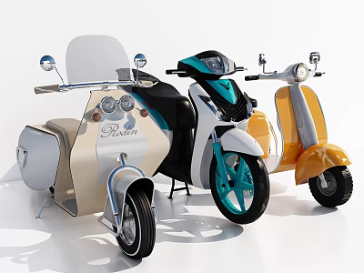 Three Vintage Scooter Motorcycles With Colorful Classic Design And Retro Features 3d model