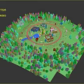 3D Green Landscape Model Surrounded By Forest With Central Circular Area And Small Buildings