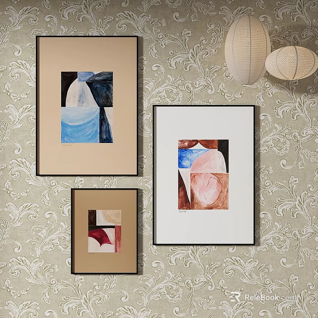 Abstract Paintings Displayed in Brown and White Frames on Patterned Wallpaper Wall 3d model