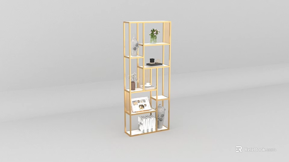 Modern Gold Metal Shelving Unit With Multiple Tiers And Decorative Items 3d model 