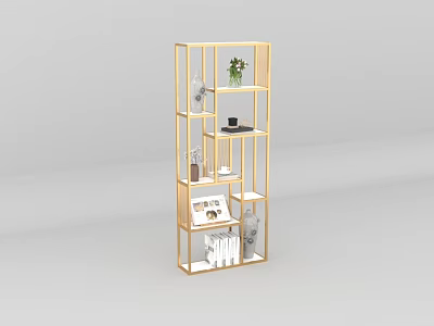 Modern Gold Metal Shelving Unit With Multiple Tiers And Decorative Items 3d model