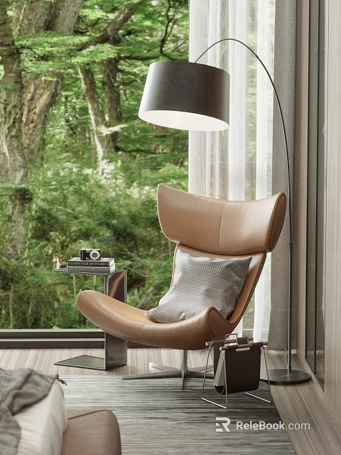 Comfortable Leather Lounge Chair With Striped Pillow Side Table By Window And Green Forest View 3d model 