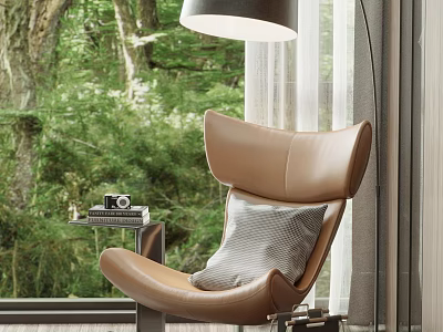 Comfortable Leather Lounge Chair With Striped Pillow Side Table By Window And Green Forest View 3d model