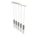Tech Exhibition Hall Showcasing Five Hanging Transparent Tube Exhibits With Metallic Base
