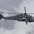 Military Helicopter Flying High in Cloudy Sky With Rotating Rotors And Aerial Equipment