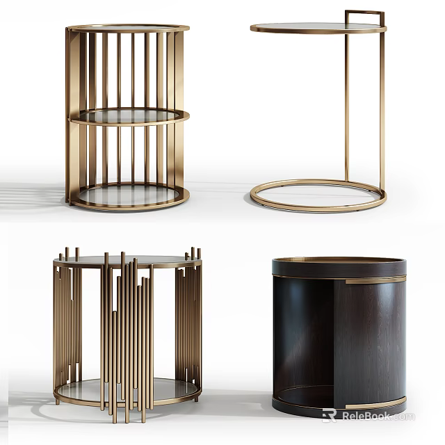 Modern Side Tables with Gold Metal Frames Glass Tops and Dark Wooden Design 3d model 